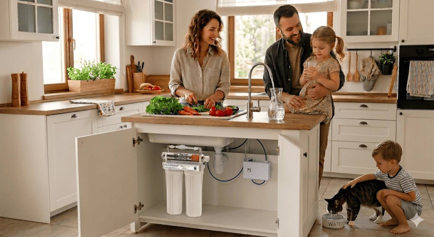 MR-33 Smart UV מטהר מים תת כיורי למטבח הכולל 2 סנני פחם, נורת UV וברזון מזיגה נירוסטה