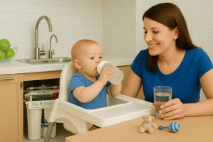מטהר מים תת כיוריMei Baby למטבח המותאם לתינוקות ולהכנת תמ"ל אמא ותינוק ליד מטהר מים תת כיורי Mei Baby במטבח