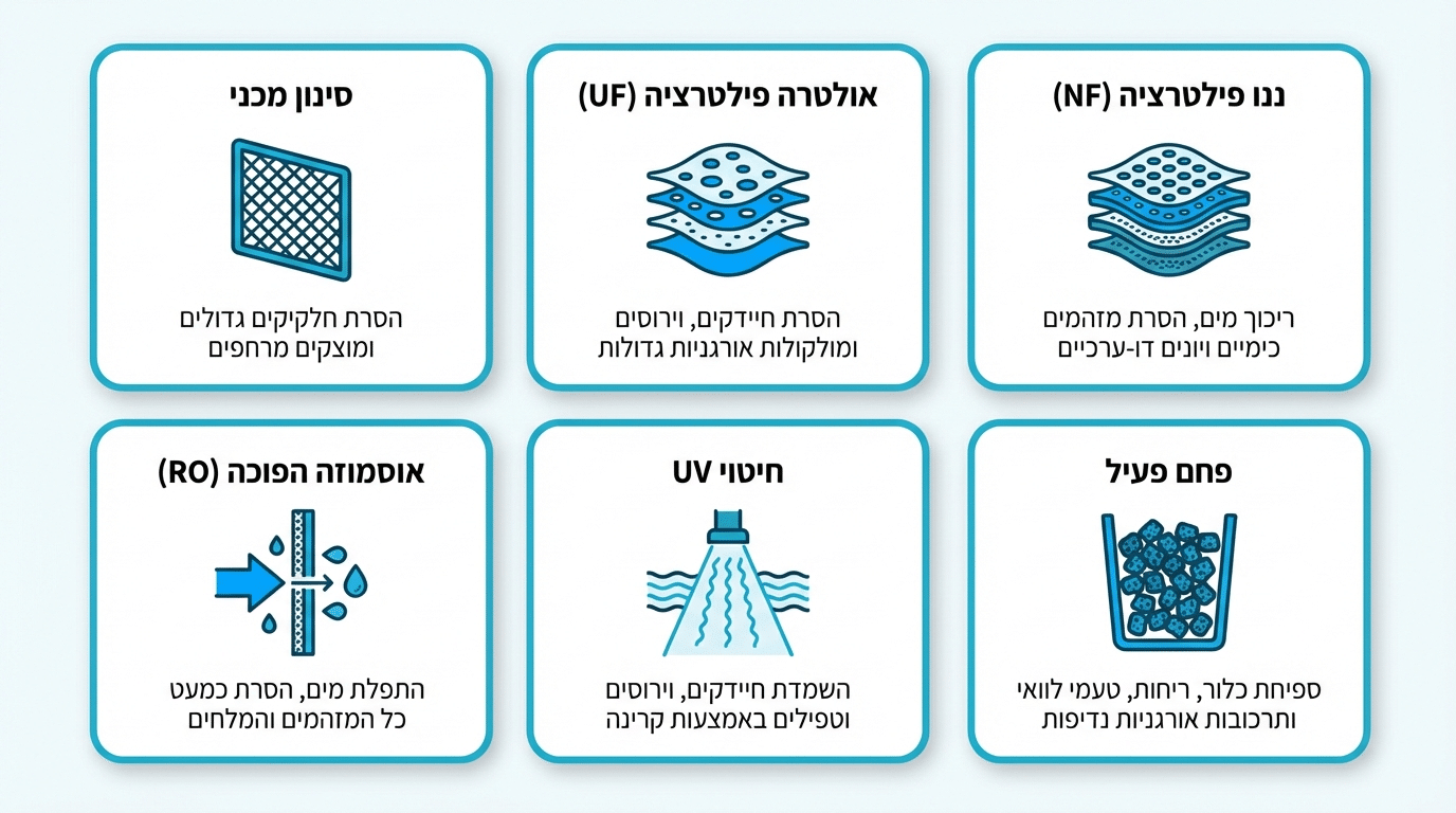 טבלת השוואה בין טכנולוגיות טיהור מים - סינון מכני, UF, NF, RO, UV, פחם פעיל ו-AOP