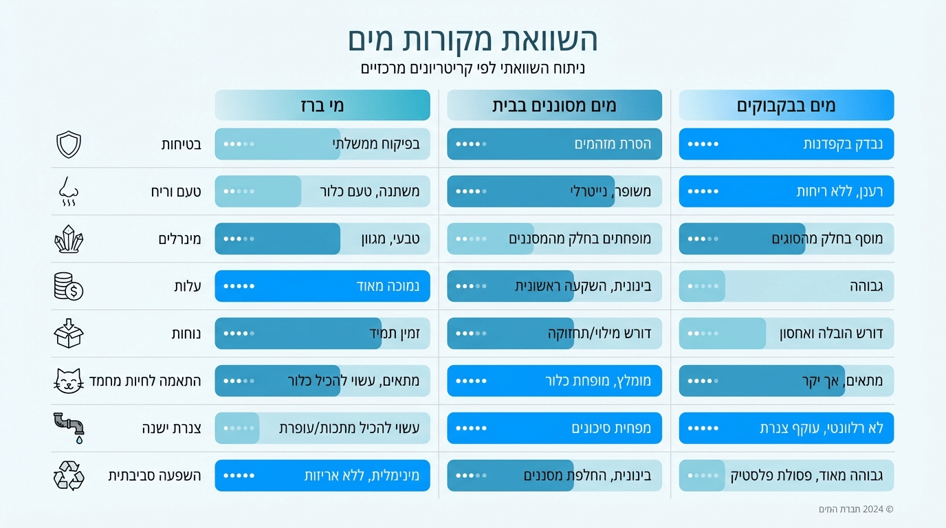השוואה פרקטית - מי ברז מול מים מסוננים מול מים בבקבוק